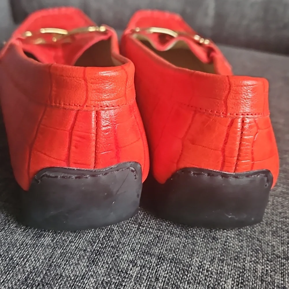 Red Stuart Weitzman patent Cocodrile leather loafers With Gold Trim - Picture 8 of 9